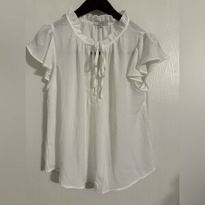 Iris Women's White Ruffle Sleeve Top Split Tie Neck Size Small
